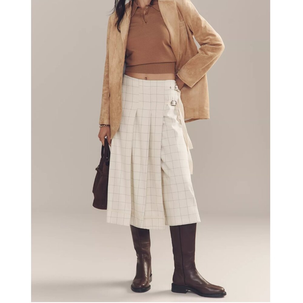 By Anthropologie Pleated Wrapped Culottes Midi Kilt Skort Cream Windowpane 6